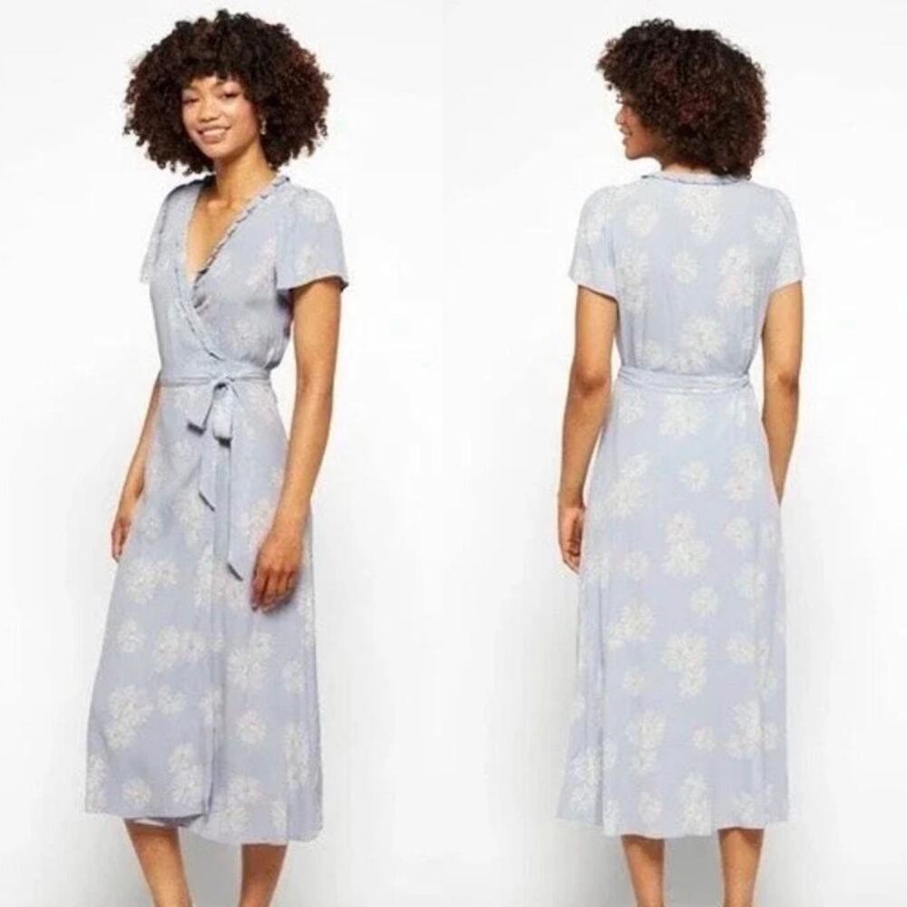 Madewell Desert Wrap Floral Crepe Midi Dress In Light Blue White Size Medium
